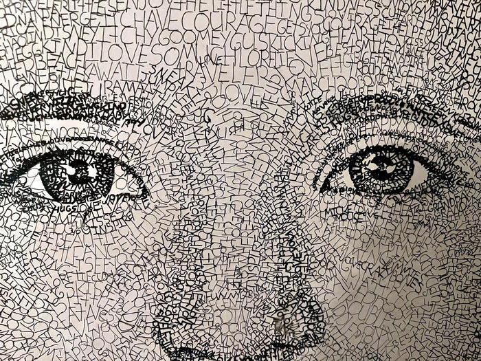 Her eyes up close. Every line is a word.