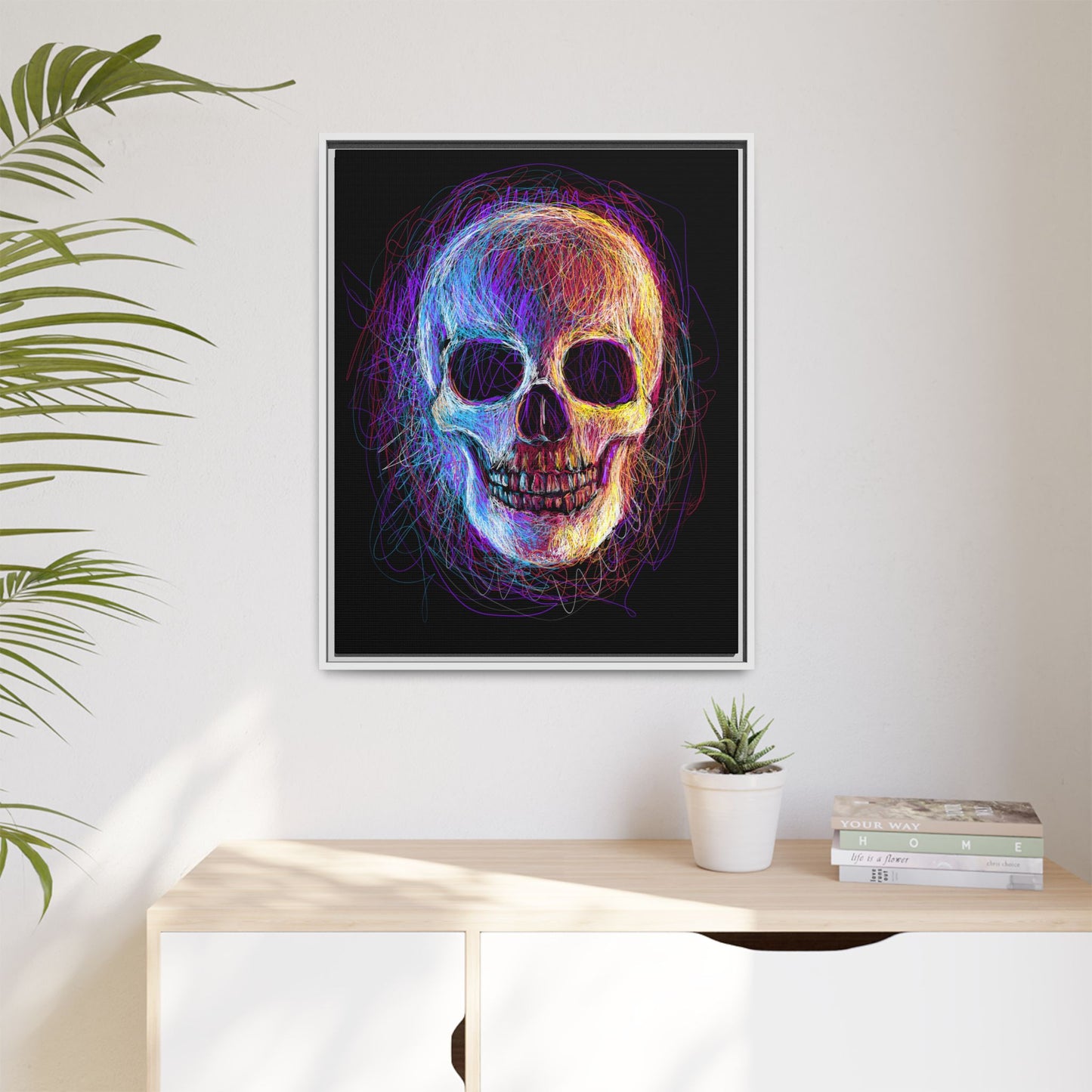 Spooky Skull Digital Scribble Art Canvas, Framed (Multi-color)