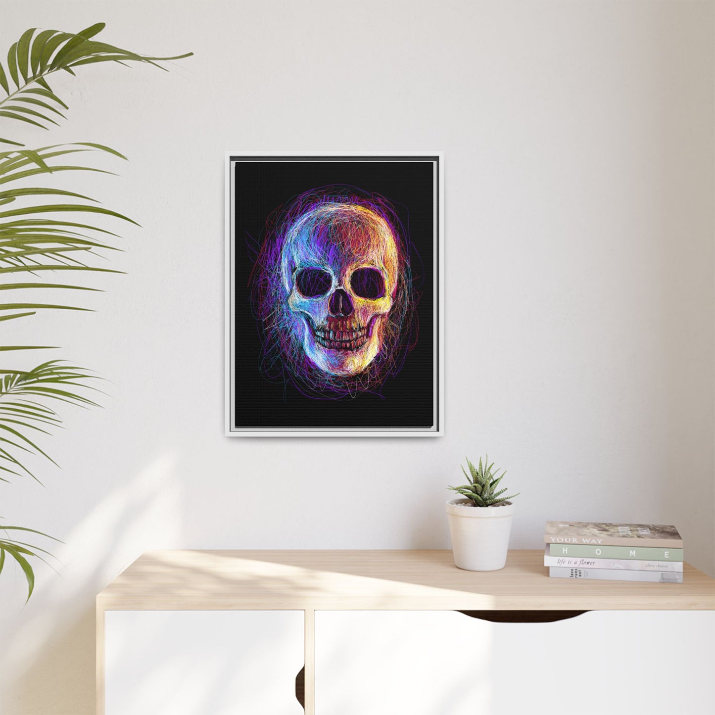 Spooky Skull Digital Scribble Art Canvas, Framed (Multi-color)