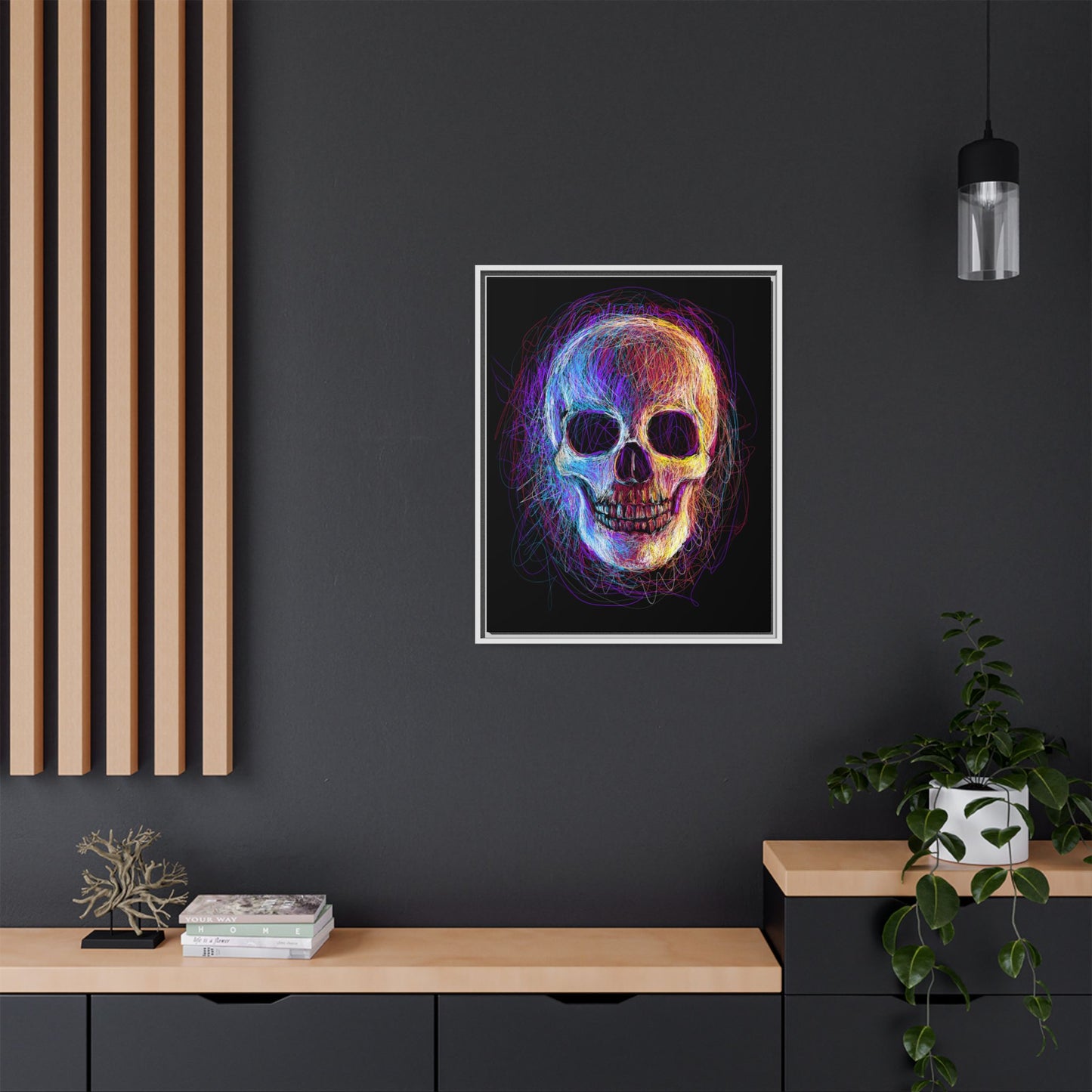 Spooky Skull Digital Scribble Art Canvas, Framed (Multi-color)