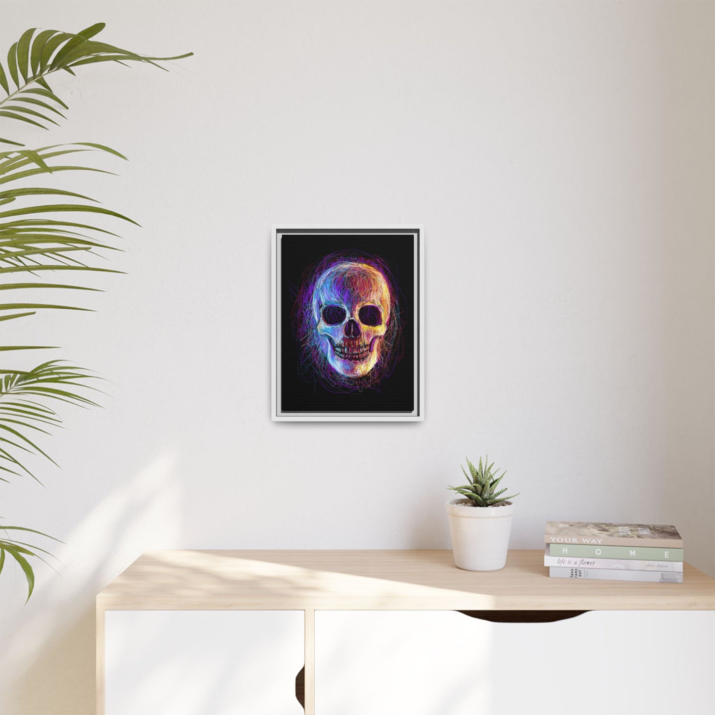 Spooky Skull Digital Scribble Art Canvas, Framed (Multi-color)