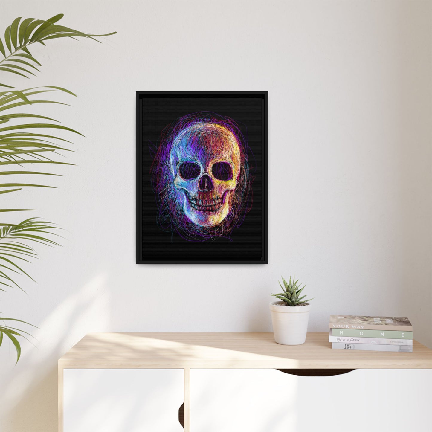 Spooky Skull Digital Scribble Art Canvas, Framed (Multi-color)