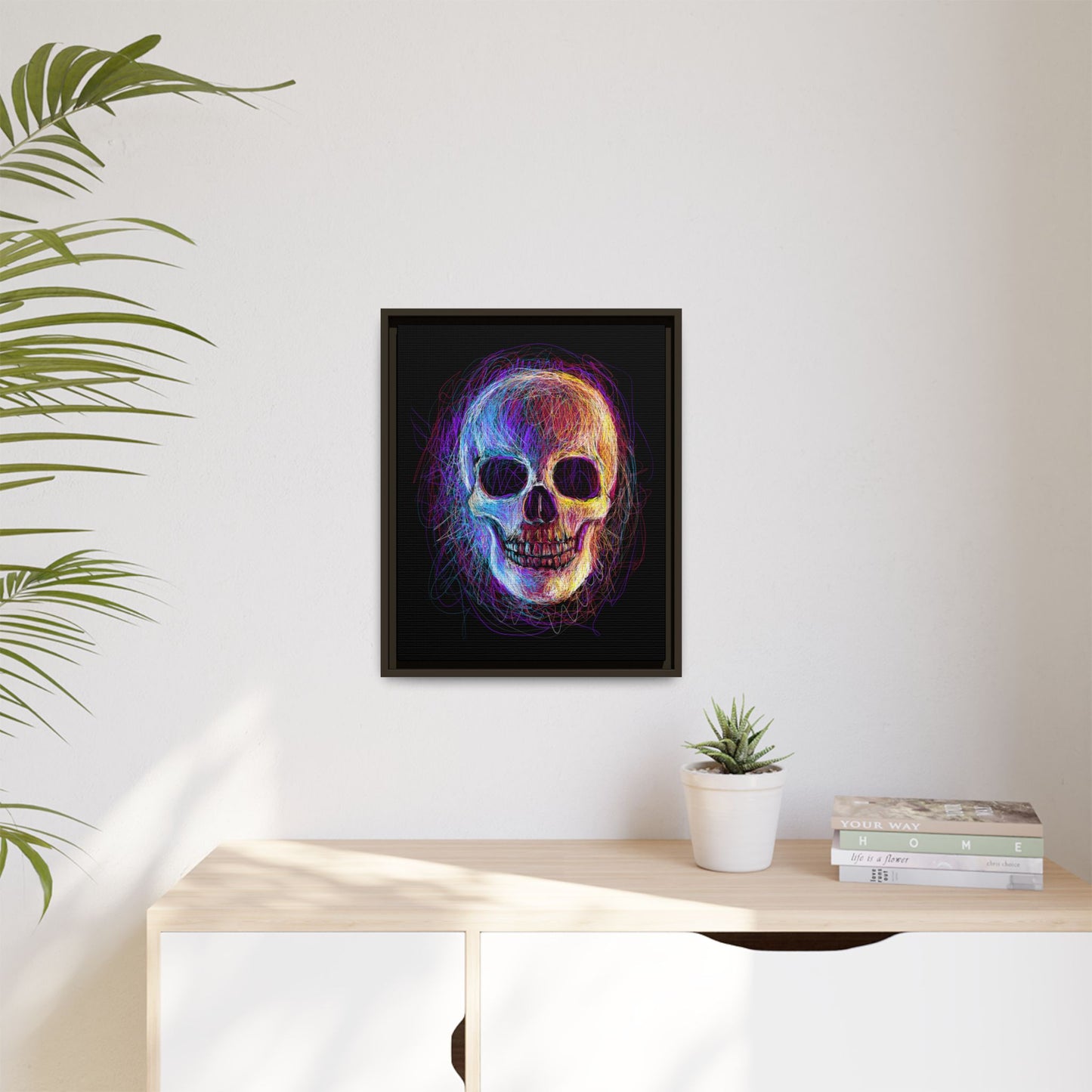 Spooky Skull Digital Scribble Art Canvas, Framed (Multi-color)