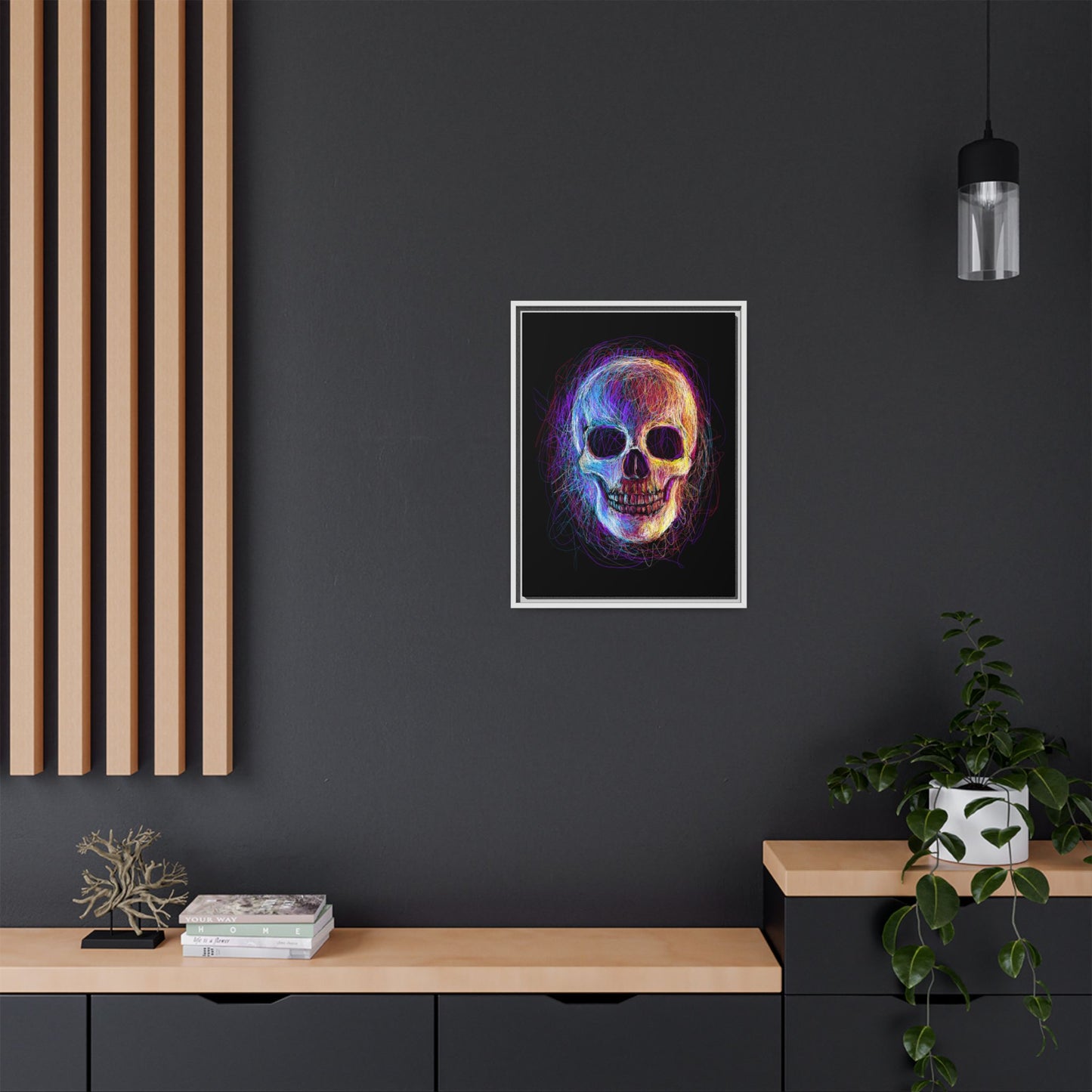 Spooky Skull Digital Scribble Art Canvas, Framed (Multi-color)