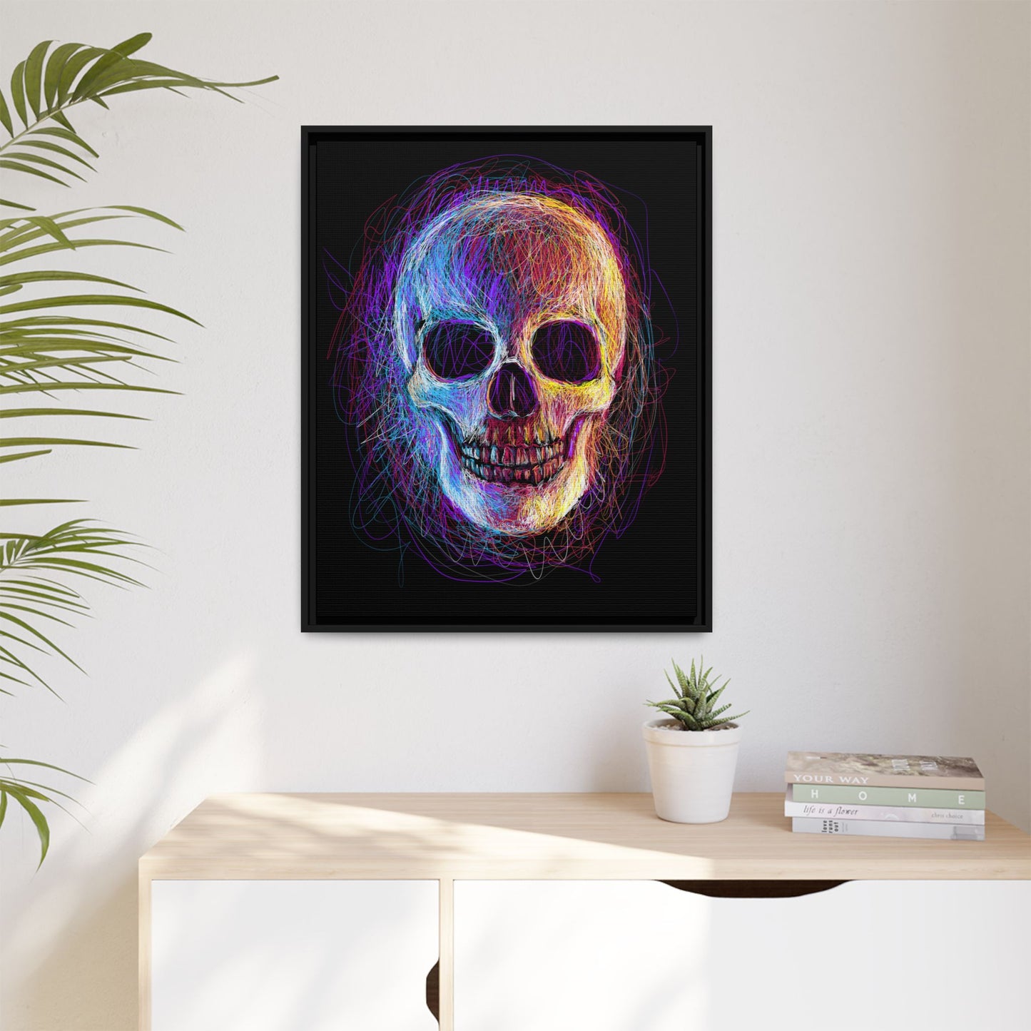 Spooky Skull Digital Scribble Art Canvas, Framed (Multi-color)