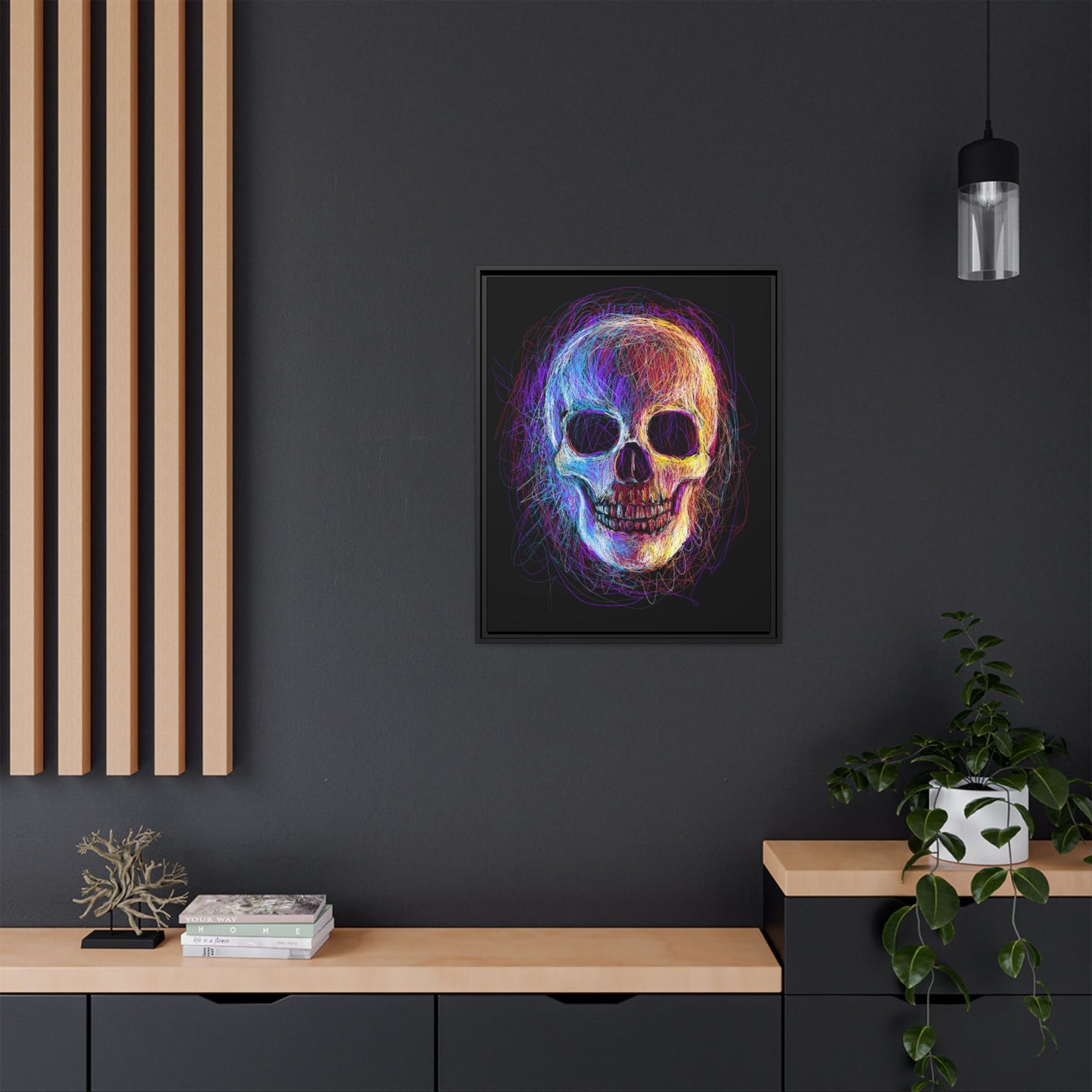 Spooky Skull Digital Scribble Art Canvas, Framed (Multi-color)