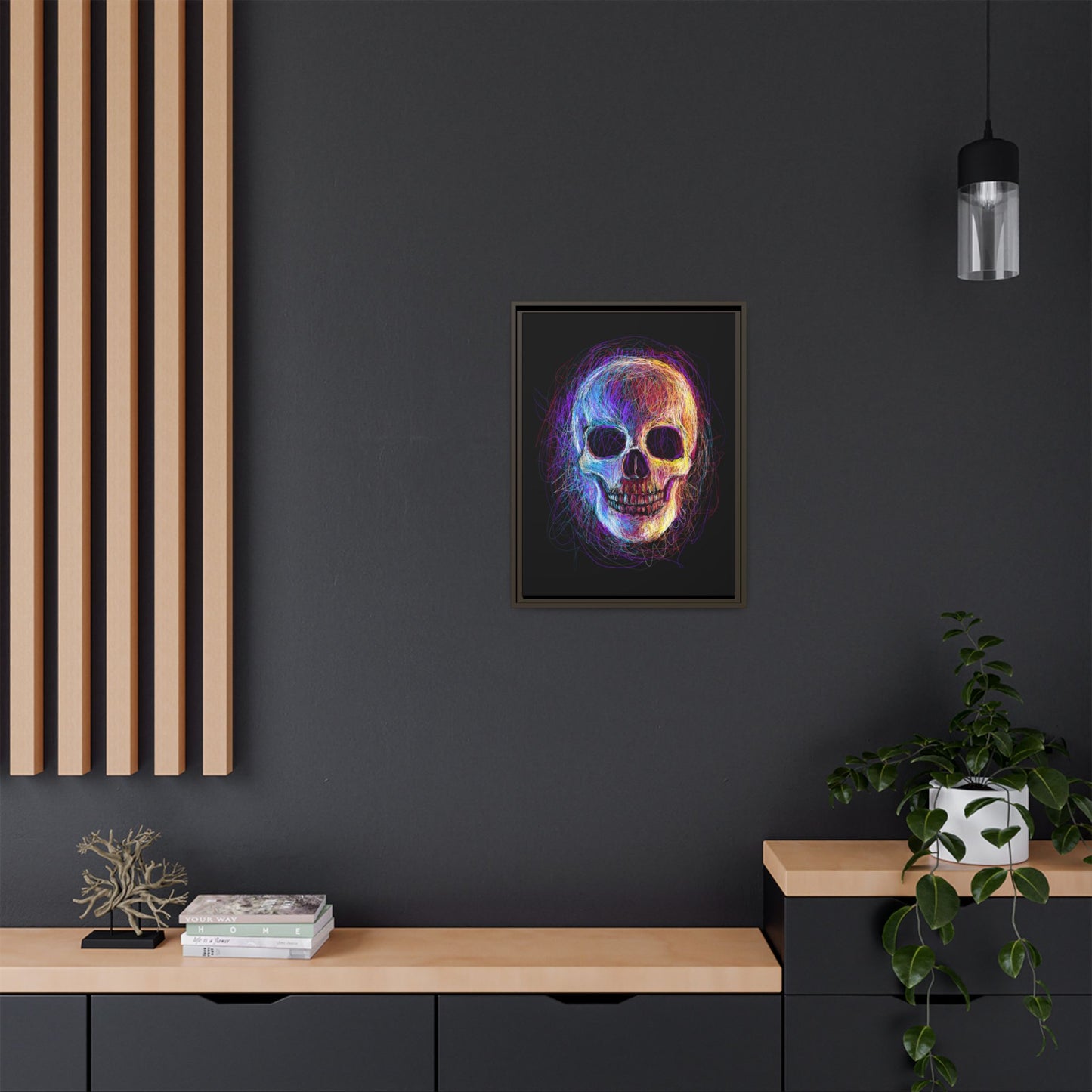 Spooky Skull Digital Scribble Art Canvas, Framed (Multi-color)