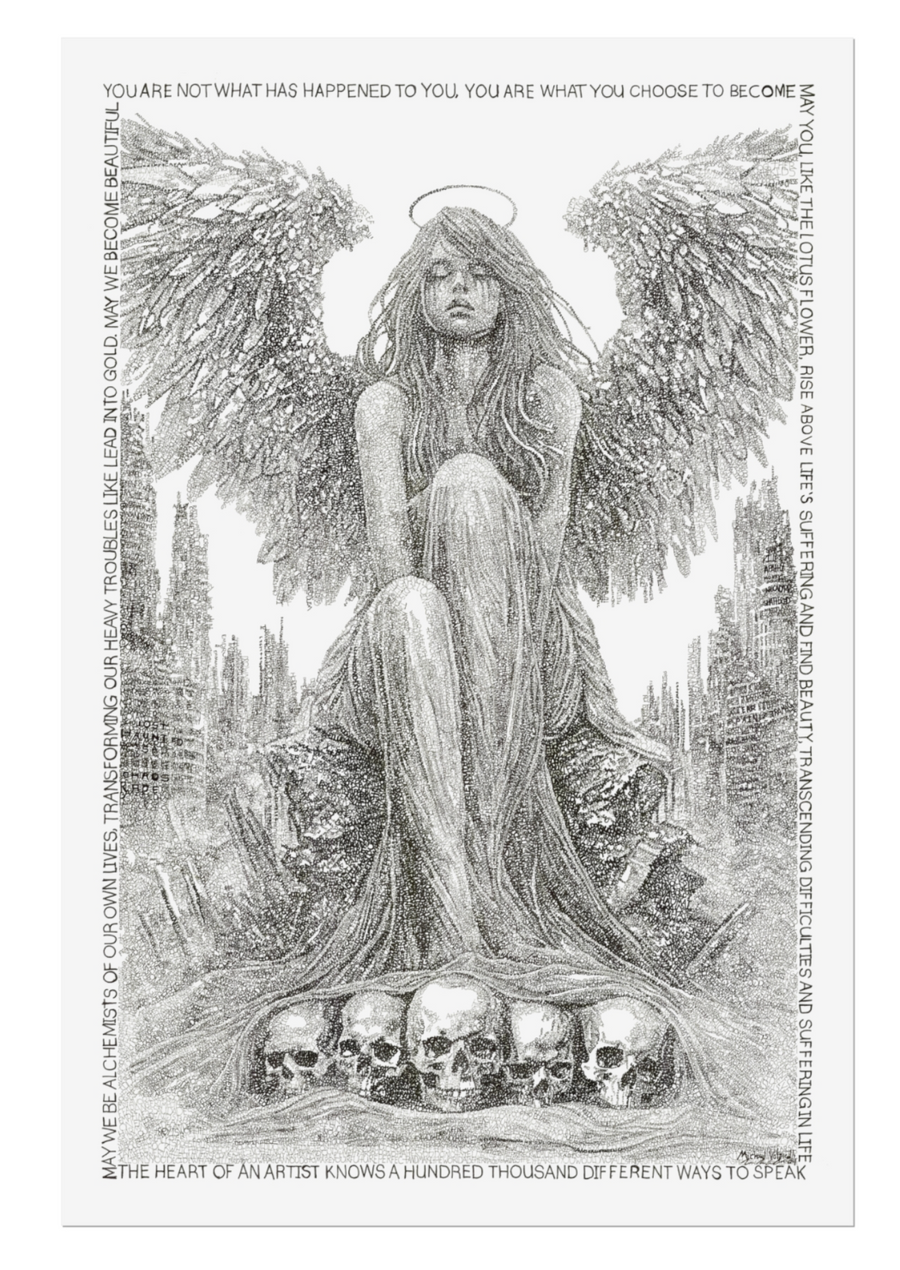 From the Ashes We Rise limited edition print. An angel made of words rises over a ruined city and five skulls.