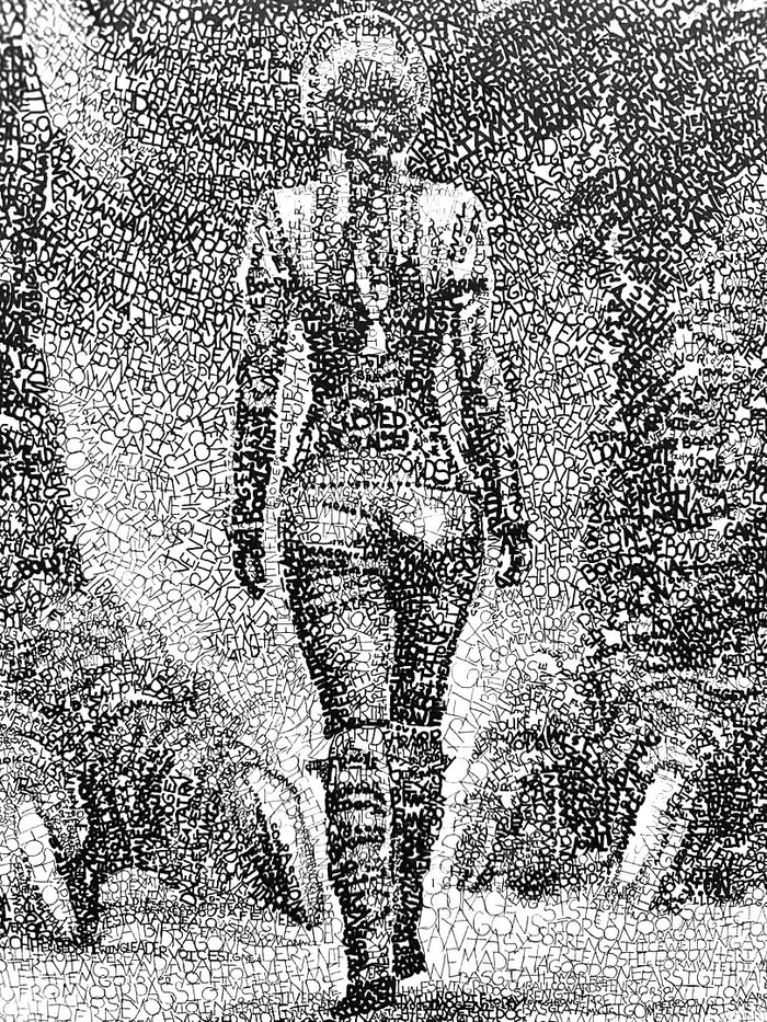 Up close, the drawing is made of words