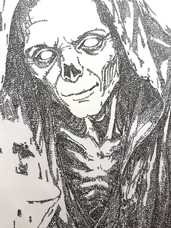 Up close, the drawing is made of words