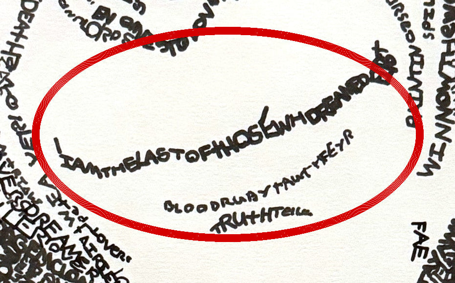 A word circled in red in a word art drawing